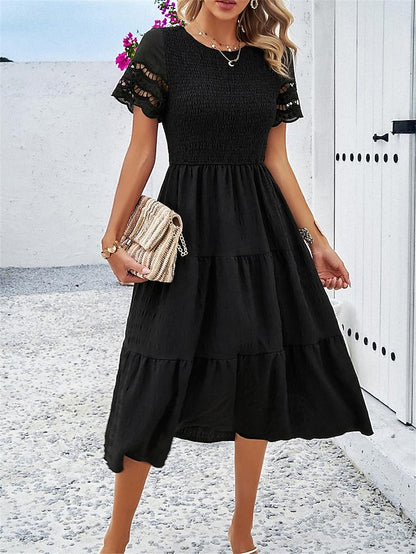 Women's White Dress Lace Dress Casual Dress Midi Dress Patchwork Eyelet Vacation Basic Crew Neck Short Sleeve Black White Brown Color