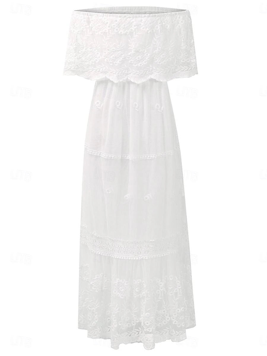 Women's White Lace Wedding Dress Boho Chic Dresses Boho Wedding Guest Dress Long Dress Maxi Dress with Sleeve Date Vacation Maxi A Line Off Shoulder Half Sleeve White Color