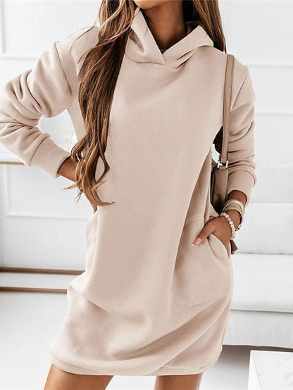 Women‘s Hoodie Dress Winter Dress Knee Length Dress Black khaki Brown Long Sleeve Fall Solid Color Patchwork Winter Casual Loose S M L XL XXL XXXL