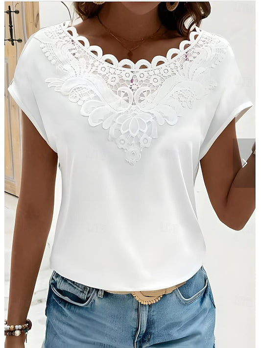 Women's T shirt Tee Plain Daily Lace Patchwork White Short Sleeve Stylish Basic Crew Neck Summer