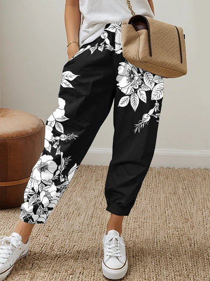 Women's Sweatpants Polyester Floral Black White Active Mid Waist Long Street Daily Wear Spring