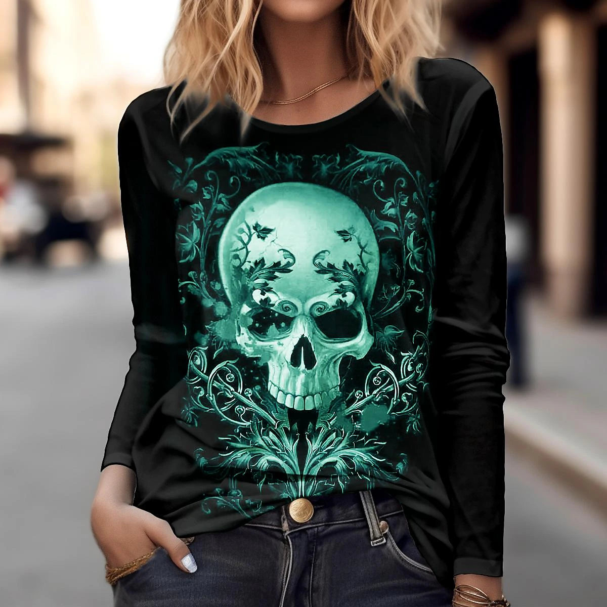 Women's T shirt Tee Halloween Shirt Skull Halloween Weekend Print Black Long Sleeve Daily Basic Round Neck Fall & Winter