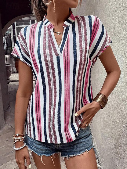 Women's Shirt Blouse Striped Daily Vacation Print Red Short Sleeve Casual V Neck Summer