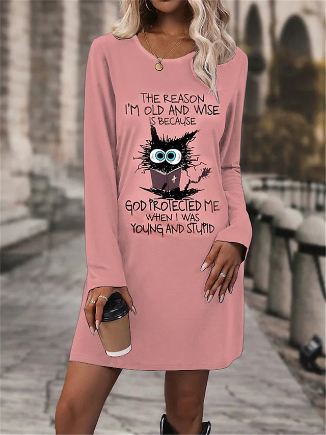 Women's Winter Dress T Shirt Dress Tee Dress Cat Letter Print V Neck Mini Dress Daily Vacation Long Sleeve Fall Winter