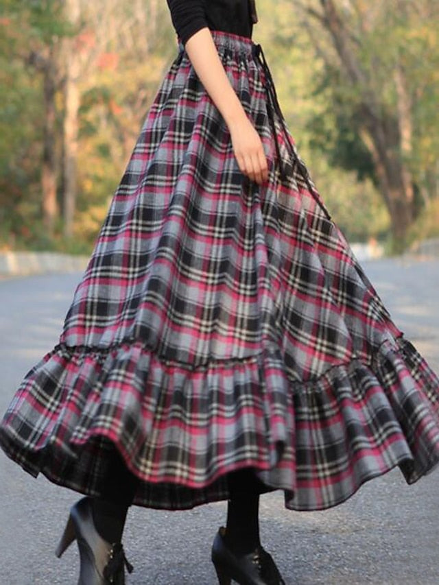 Women's Skirt Swing Work Skirts Long Skirt Maxi Skirts Ruffle Print Plaid Christmas Daily Autumn / Fall Polyester Cotton Blend Fashion Summer Black Red Fuchsia Gray