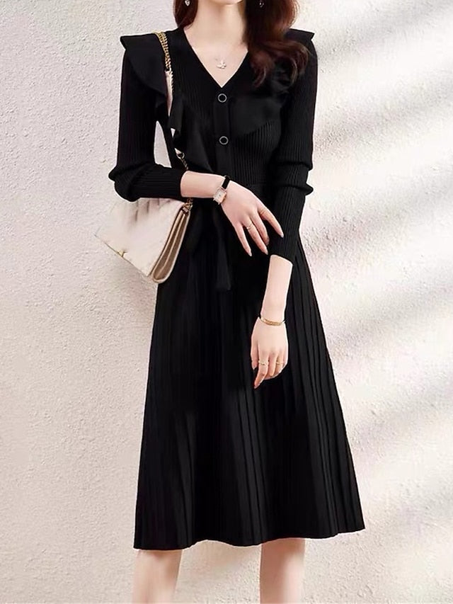 Women's Sweater Dress Knit Dress Christmas Sweater Dress Midi Dress Knitwear Fashion Daily Pure Color Outdoor Daily Going out V Neck Long Sleeve Tie Front Lace up Ruched 2023 Loose Fit Black Red S M