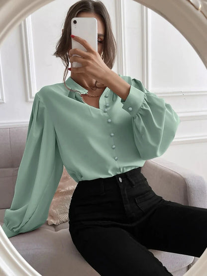 Women's Shirt Lantern Sleeve Blouse Plain Work Button Black Long Sleeve Daily Standing Collar Spring &  Fall