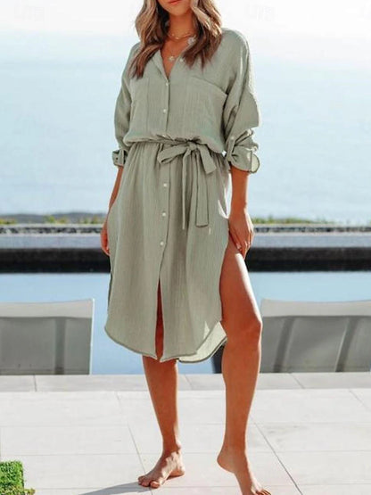 Women's Shirt Dress Casual Dress White Midi Dress Date Vacation Polyester Basic Modern Shirt Collar Lace up Button Long Sleeve Summer Spring Loose Fit White Purple Green Plain S M L XL 2XL