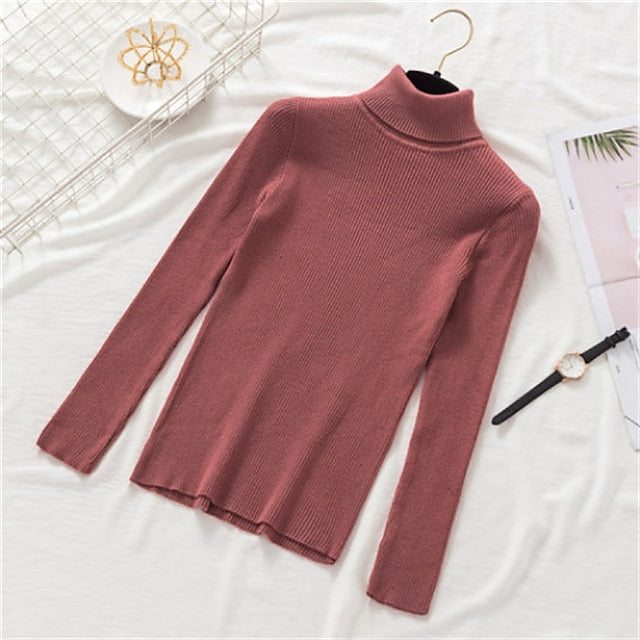 Women's Pullover Sweater Jumper Turtleneck Ribbed Knit Spandex Knitted Thin Fall Winter Daily Basic Casual Long Sleeve Solid Color caramel Black White One-Size 2XL / 3XL S / M