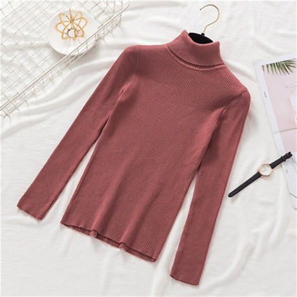 Women's Pullover Sweater Jumper Turtleneck Ribbed Knit Spandex Knitted Thin Fall Winter Daily Basic Casual Long Sleeve Solid Color caramel Black White One-Size 2XL / 3XL S / M