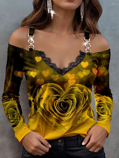 Women's Shirt Blouse Heart Rose Floral Casual Going out Print Lace Trims Cold Shoulder Yellow Long Sleeve Fashion V Neck Spring &  Fall