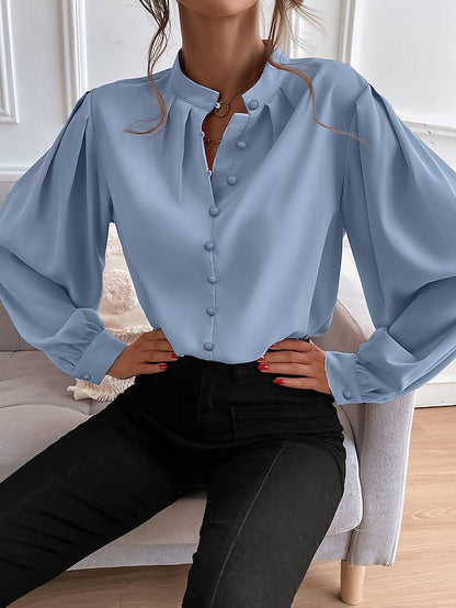 Women's Shirt Lantern Sleeve Blouse Plain Work Button Black Long Sleeve Daily Standing Collar Spring &  Fall