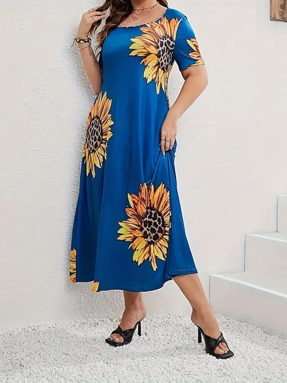 Women's Sunflower Patchwork Crew Neck Midi Dress Classic Vacation Short Sleeve Summer