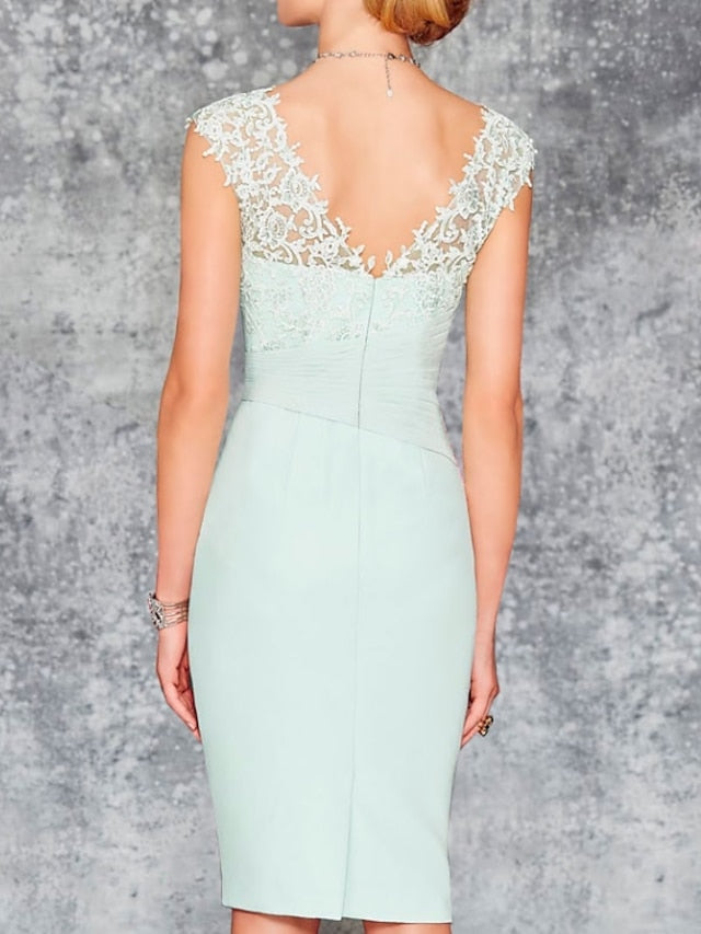 Two Piece Sheath / Column Mother of the Bride Dress Wedding Guest Church Elegant V Neck Knee Length Chiffon 3/4 Length Sleeve with Embroidery 2023 - LuckyFash™