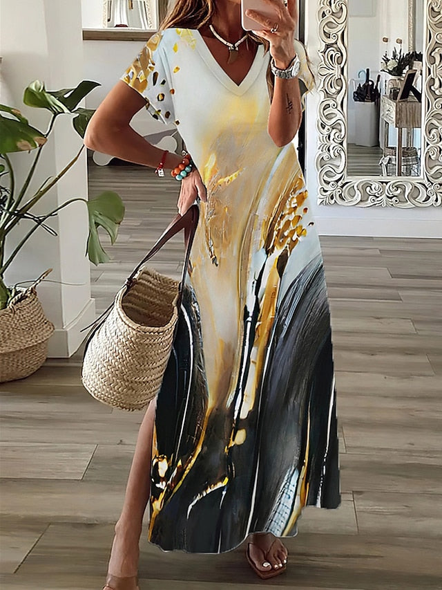 Women's Casual Dress A Line Dress Summer Dress Print Ombre Split Print V Neck Long Dress Maxi Dress Fashion Streetwear Outdoor Daily Short Sleeve Regular Fit Yellow Pink Red Summer Spring S M L XL XXL - LuckyFash™