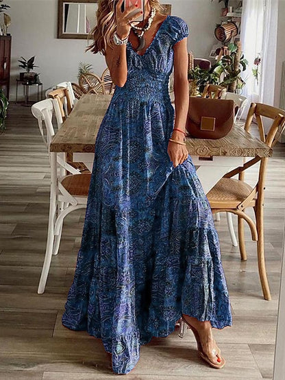 Women's Swing Dress Boho Dress Long Dress Maxi Dress Wine Short Sleeve Floral Print Spring Summer V Neck Weekend Loose Fit 2023 S M L XL XXL 3XL - LuckyFash™