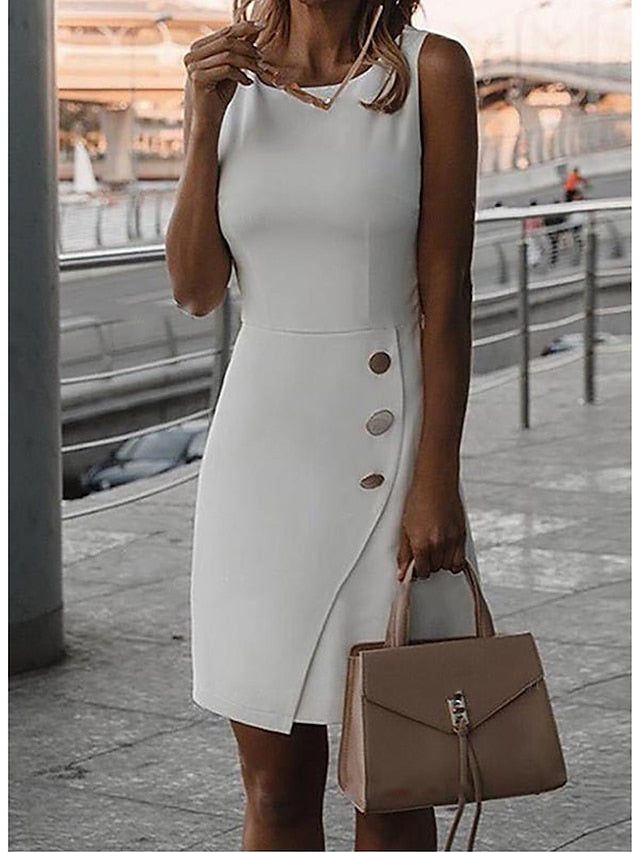 Women's Work Dress Sheath Dress Mini Dress Black White Yellow Sleeveless Pure Color Button Fall Spring Summer Crew Neck Fashion Daily Wedding Guest Vacation 2023 S M L XL XXL - LuckyFash™