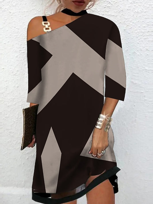 Women's Casual Dress Shift Dress Midi Dress Black 3/4 Length Sleeve Color Block Zipper Summer Spring One Shoulder Basic Winter Dress Fall Dress 2023 S M L XL 2XL 3XL - LuckyFash™