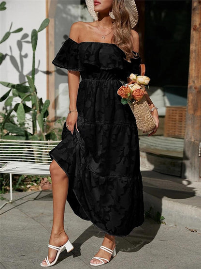 Women's White Dress Long Dress Maxi Dress Chiffon Lace Ruffle Date Vacation Streetwear A Line Off Shoulder Short Sleeve Black White Pink Color