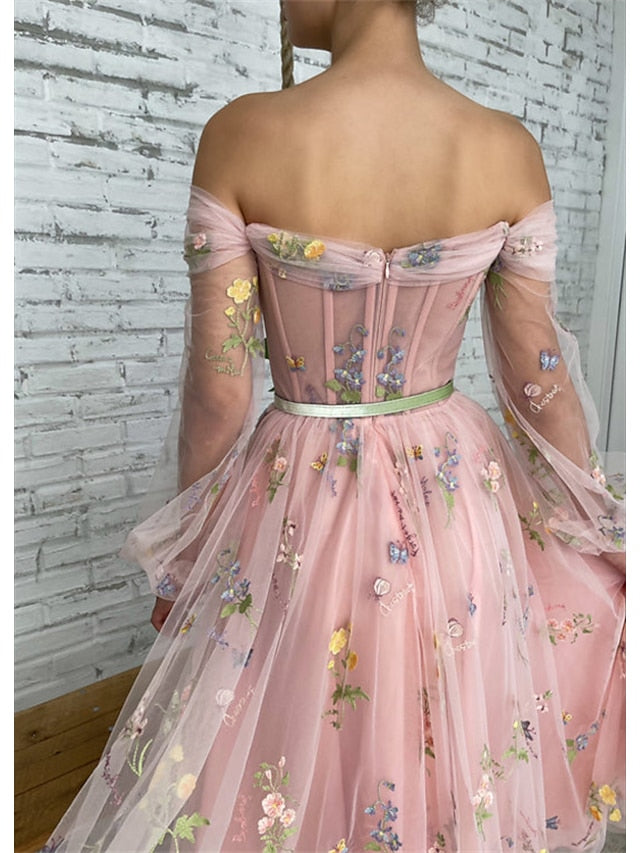 A-Line Prom Dresses Floral Dress Wedding Guest Ankle Length Long Sleeve Off Shoulder Lace with Embroidery Appliques 2023 - LuckyFash™