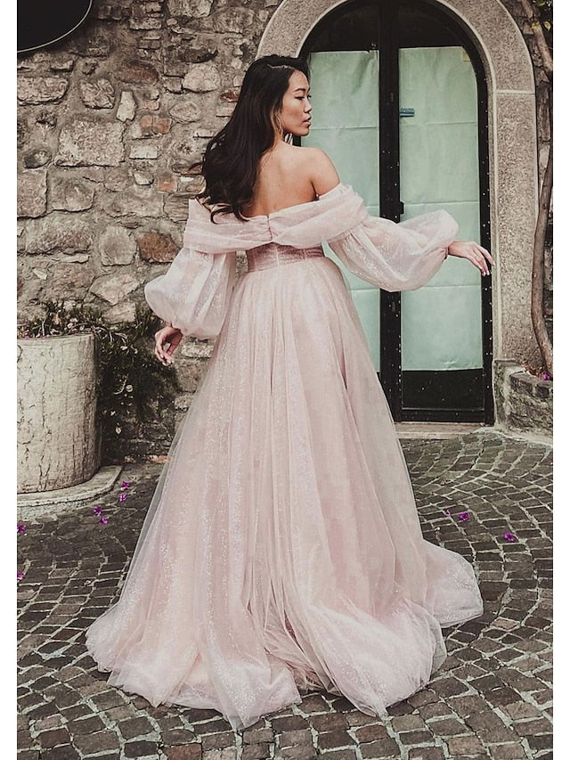 A-Line Prom Dresses Corsets Dress Formal Floor Length Long Sleeve Off Shoulder Tulle with Glitter Ruched Slit 2023 - LuckyFash™