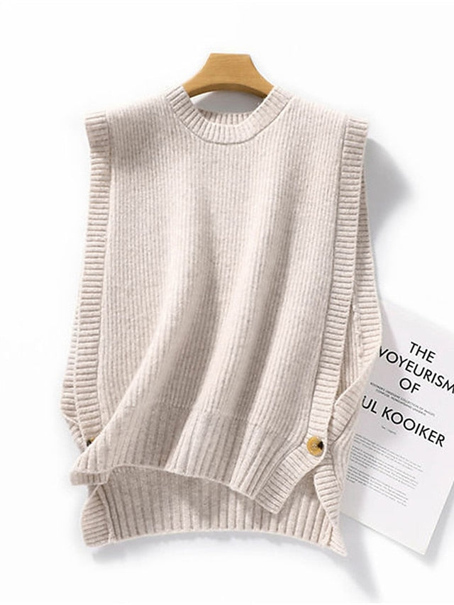 Women's Sweater Vest Crew Neck Ribbed Knit Cotton Spandex Yarns Button Oversized Summer Fall Outdoor Daily Going out Stylish Casual Soft Sleeveless Solid Color Brown Khaki Beige One-Size