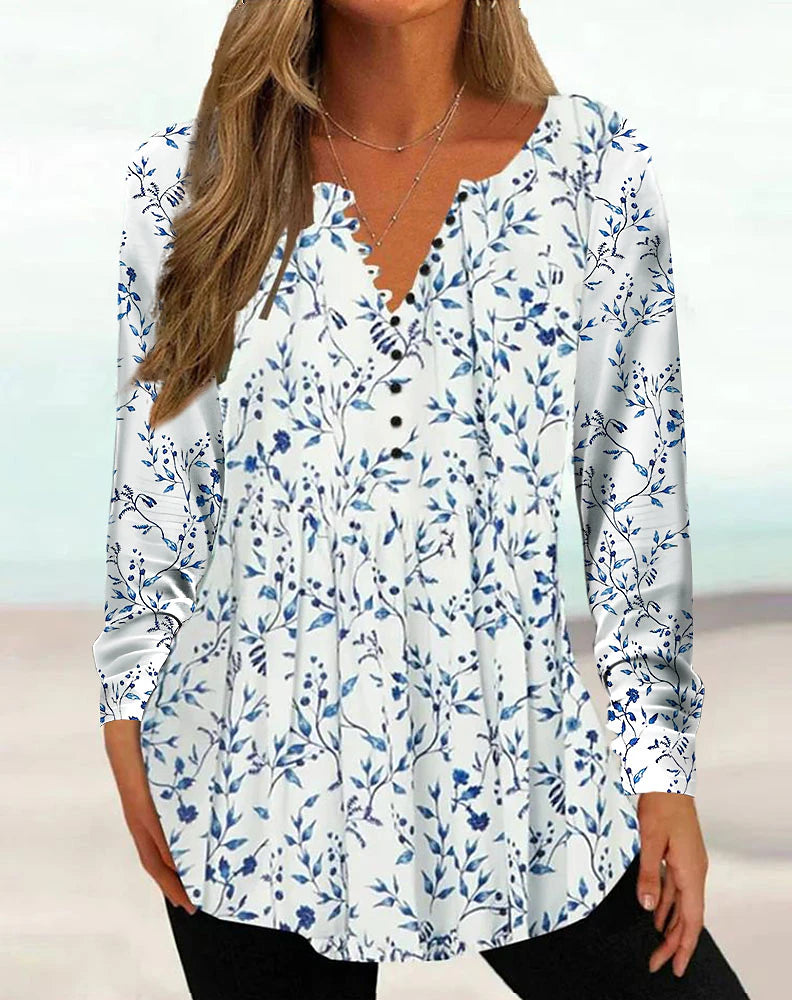 Women's Shirt Henley Shirt Blouse Floral Casual Holiday Button Print White Long Sleeve Tunic Basic Round Neck Spring &  Fall