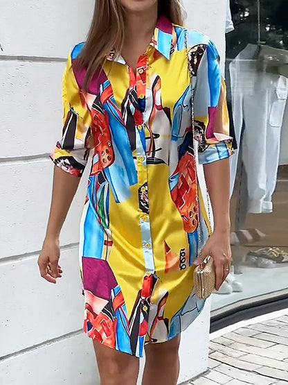 Women's Shirt Dress Satin Dress Shift Dress Color Block Abstract Print Shirt Collar Mini Dress Daily Vacation Half Sleeve Fall Winter