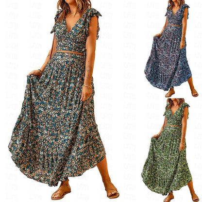 Women's Two Piece Dress Set Casual Dress Skirt Set Floral Dress Holiday Vacation Bohemia Vintage Ruffle Print Long Dress Maxi Dress V Neck Sleeveless Floral Regular Fit Blue Green Rainbow Summer S M