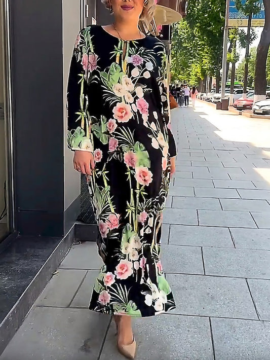 Women's Satin Dress Floral Print Crew Neck Long Dress Maxi Dress Daily Vacation Long Sleeve Summer Spring