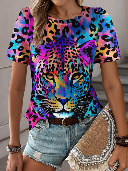 Women's T shirt Tee Leopard Daily Weekend Print Blue Short Sleeve Fashion Crew Neck Summer