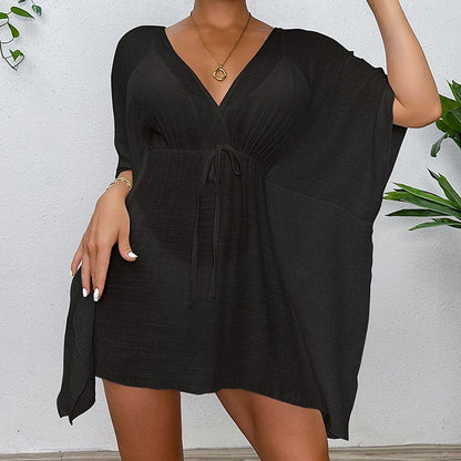 Women's Summer Dress Cover Up Drawstring Beach Wear Holiday Long Sleeve Black White Blue Color