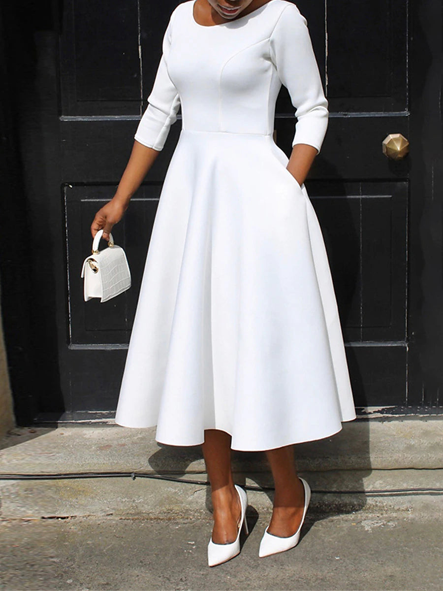 Women's White Dress Midi Dress Pocket Daily Date Elegant Streetwear Crew Neck 3/4 Length Sleeve Black White Pink Color