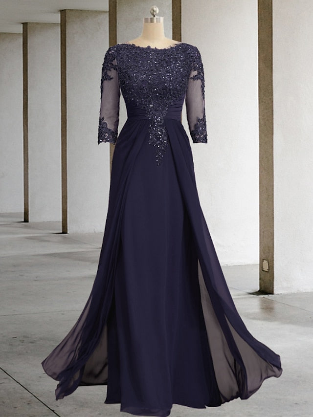 Sheath / Column Mother of the Bride Dress Formal Wedding Guest Elegant Sparkle & Shine Jewel Neck Asymmetrical Floor Length Chiffon Lace 3/4 Length Sleeve with Sequin Appliques 2023 - LuckyFash™