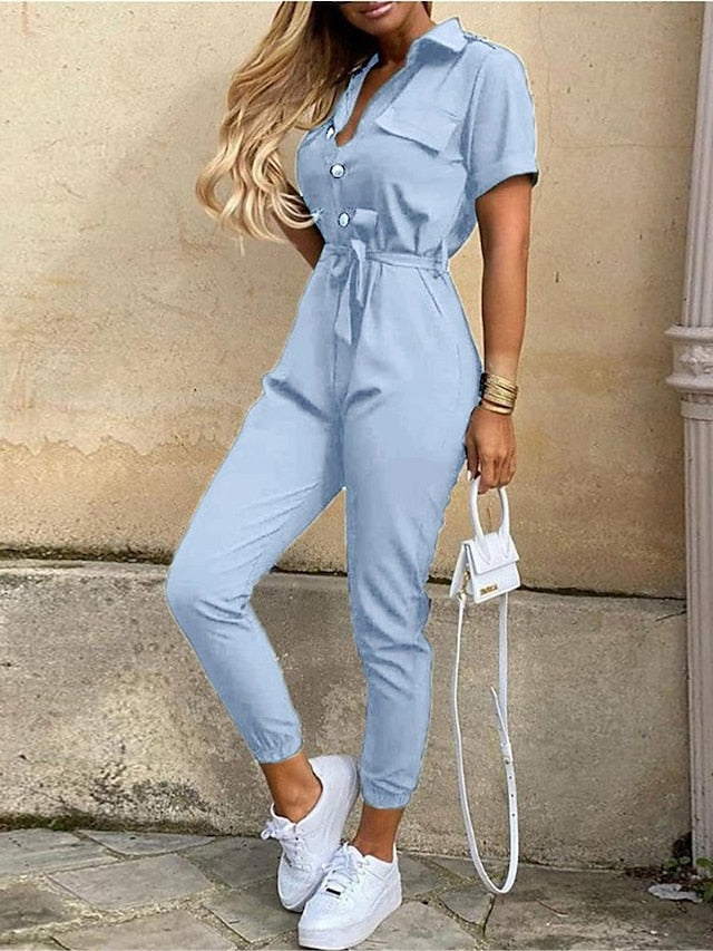 Women's Jumpsuit Button Solid Color Shirt Collar Streetwear Daily Vacation Regular Fit Short Sleeve Pink Wine Navy Blue S M L Summer - LuckyFash™