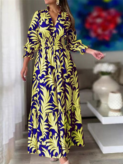 Women's Swing Dress Boho Dress Maxi long Dress Black Yellow Red Long Sleeve Floral Print Fall Winter V Neck Elegant Winter Dress Fall Dress Loose Fit 2023 S M L XL XXL 3XL