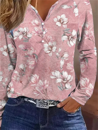 Women's T shirt Tee Henley Shirt Floral Holiday Weekend Button Print Pink Long Sleeve Elegant Fashion Daily V Neck Fall & Winter