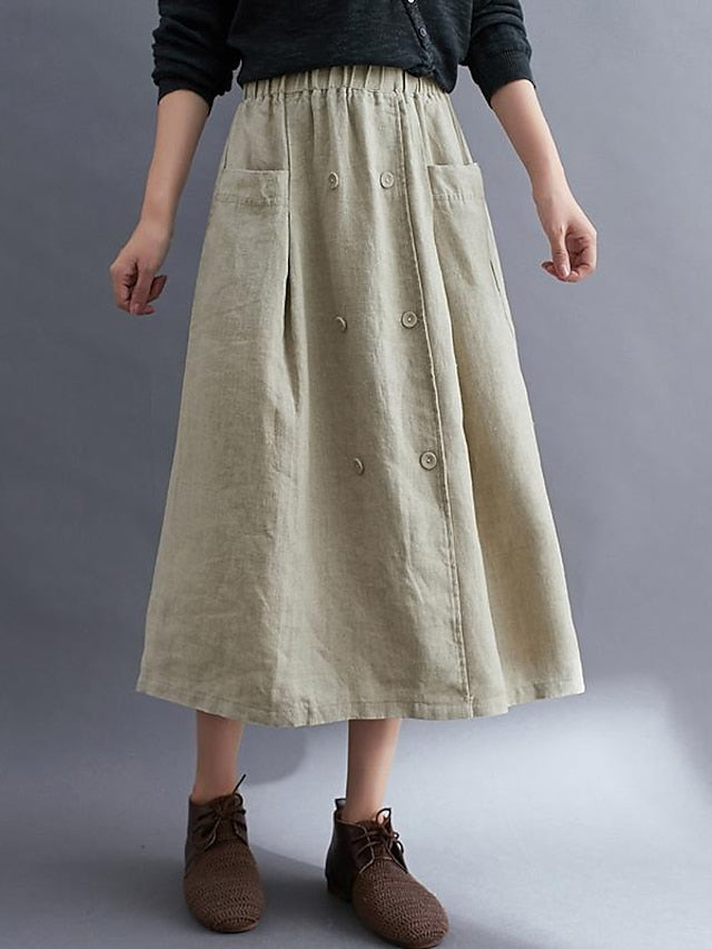 Women's Skirt A Line Long Skirt Linen Skirts Midi Skirts Pocket Split Ends Solid Colored Street Daily Spring & Summer Cotton Linen coastal grandma style Basic Casual Long Black Brown Green Apricot