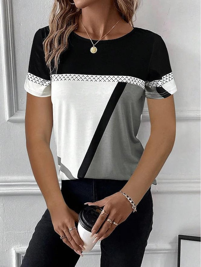 Women's T shirt Tee Color Block Daily Weekend Print Gray Short Sleeve Fashion Round Neck Summer