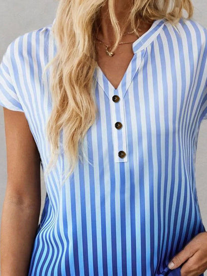 Women's T shirt Tee Ombre Striped Daily Going out Button Print Blue Short Sleeve Stylish V Neck Summer