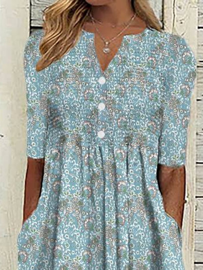 Women's Casual Dress Summer Dress Print Dress Graphic Floral Ruched Button V Neck Midi Dress Fashion Mature Daily Vacation Short Sleeve Regular Fit Blue Dark Blue Summer Spring S M L XL XXL - LuckyFash™