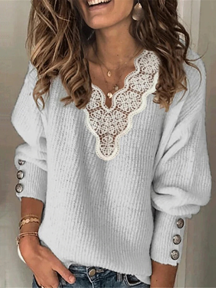 Women's Pullover Sweater Jumper V Neck Ribbed Knit Polyester Lace Trims Fall Winter Daily Going out Weekend Stylish Casual Soft Long Sleeve Solid Color Maillard White Blue S M L