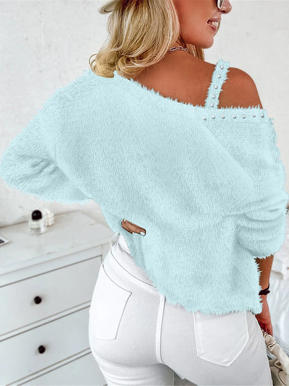 Women's Sweater Set Cardigan Sweater V Neck Fuzzy Knit Polyester Beads Fall Winter Short Daily Going out Weekend Stylish Casual Soft Long Sleeve Solid Color White Pink Blue S M L