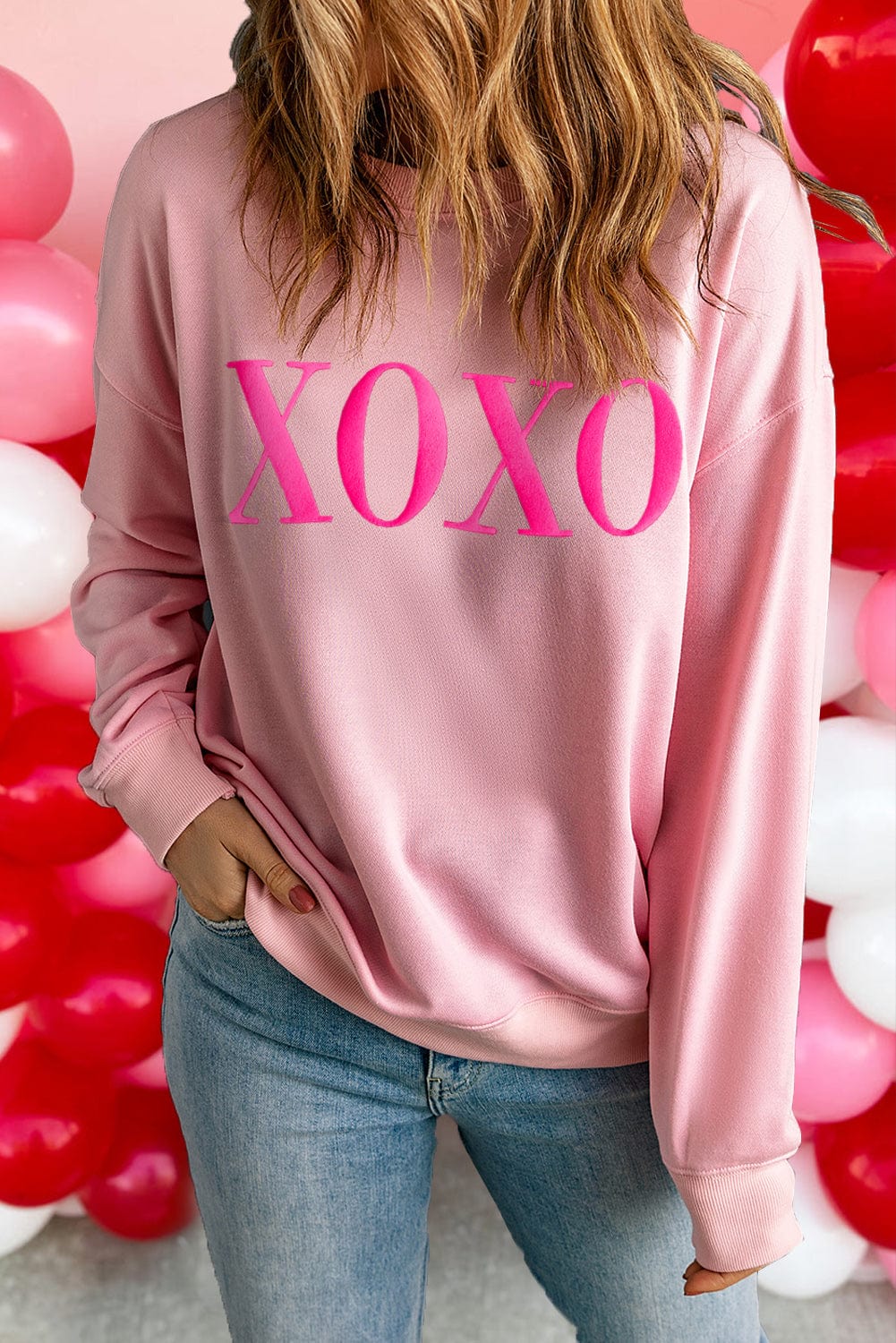 XOXO Pink Puff Print Drop Shoulder Sweater