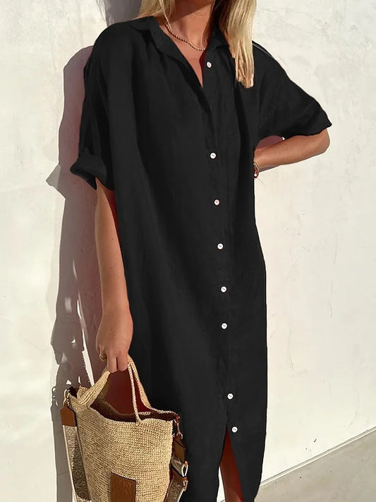 Women's Shirt Dress Casual Dress Midi Dress Daily Cotton Casual Shirt Collar Button Short Sleeve Summer Spring Fall 2023 Loose Fit ArmyGreen Black Red Plain XS S M L XL - LuckyFash™