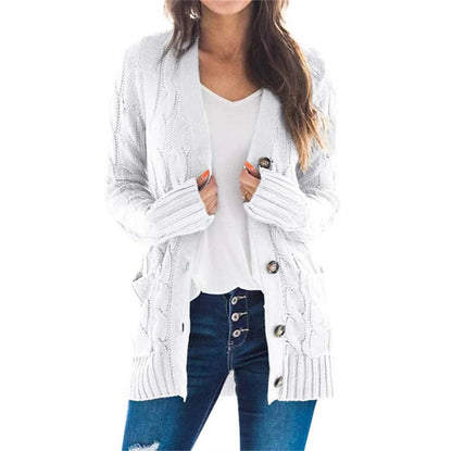 Women's Cardigan Sweater Open Front Cable Chunky Knit Button Pocket Fall Winter Tunic Daily Casual Soft Long Sleeve Solid Color Dark powder Black White S M L