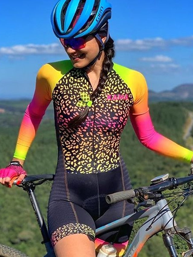 Women's Short Sleeve Triathlon Tri Suit Summer Spandex Polyester Green Black Orange Patchwork Funny Bike Clothing Suit Breathable Quick Dry Sweat wicking Sports Patchwork Mountain Bike MTB Road Bike - LuckyFash™