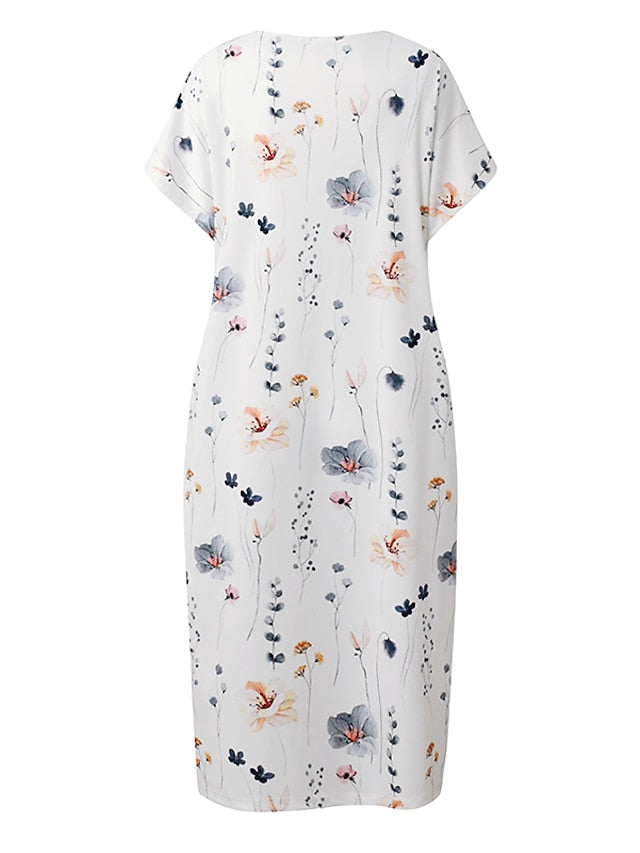 Women's Casual Dress Sheath Dress Floral Dress Floral Twist Crew Neck Midi Dress Fashion Modern Outdoor Daily Short Sleeve Regular Fit White Blue Gray Summer Spring S M L XL XXL - LuckyFash™