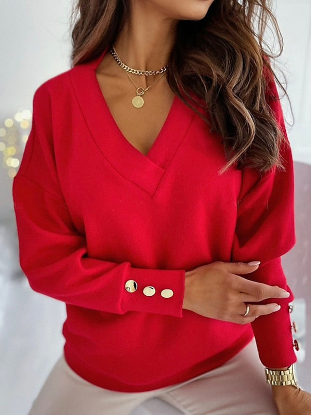 Women's Pullover Sweater Jumper Knitted Button Solid Color Basic Elegant Casual Long Sleeve Regular Fit Sweater Cardigans V Neck Fall Winter Blue Black Red / Going out / Work - LuckyFash™