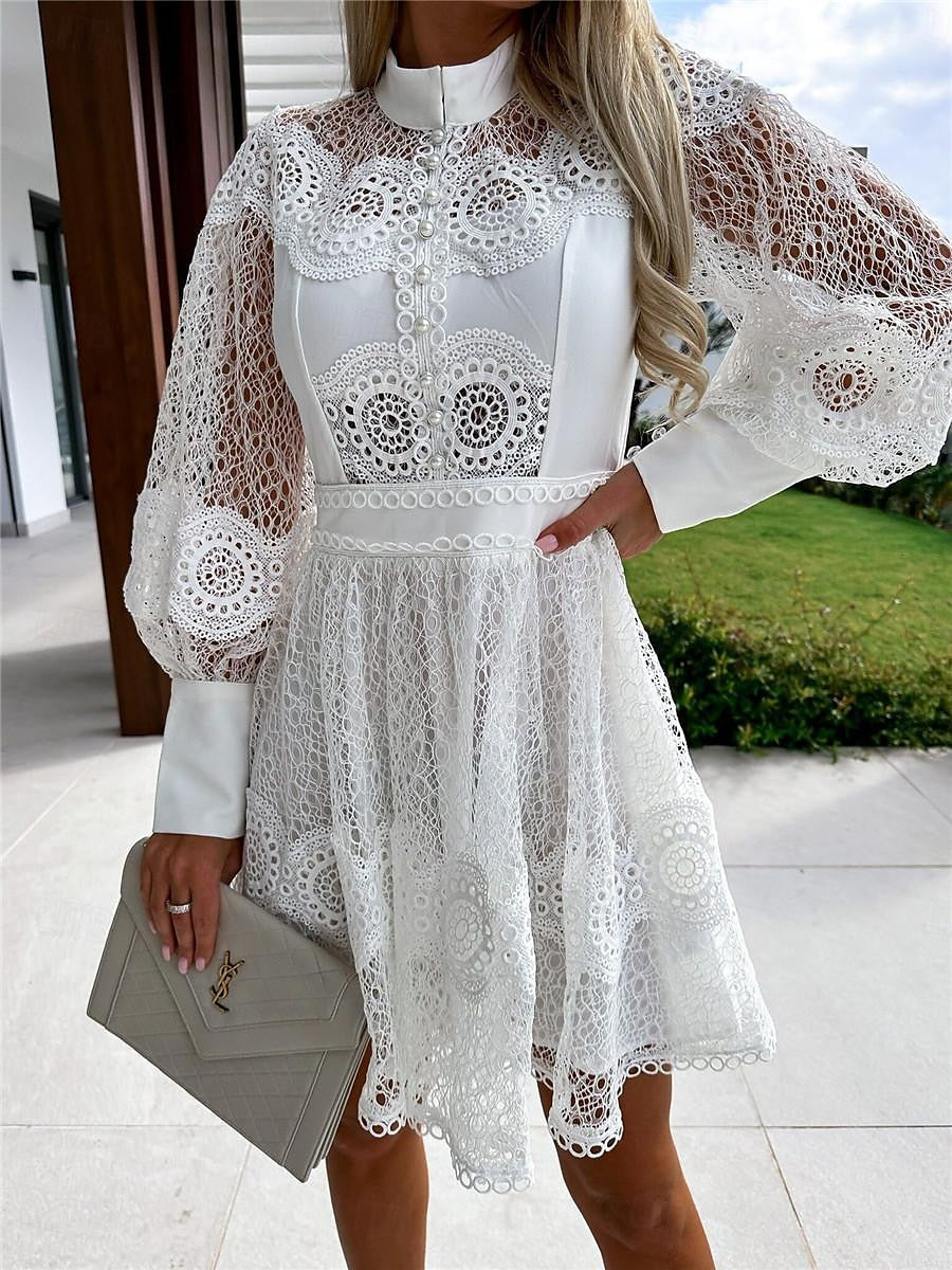 Women's White Dress Lace Dress Casual Dress Mini Dress Lace Patchwork Date Streetwear A Line Stand Collar Long Sleeve Black White Color